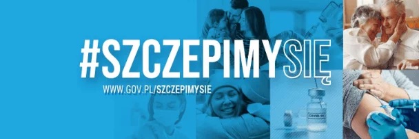 Baner #Szczepimy się www.gov.pl/szczepimysie. W tle widać szczepionkę, proces szczepienia, zadowolonych ludzi.